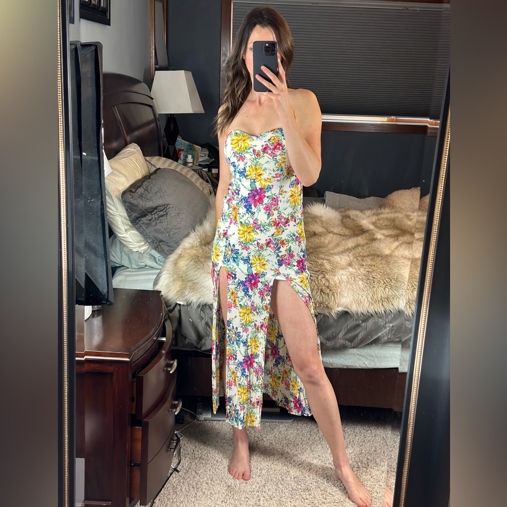 Reverse Strapless Floral Slit Dress, Small